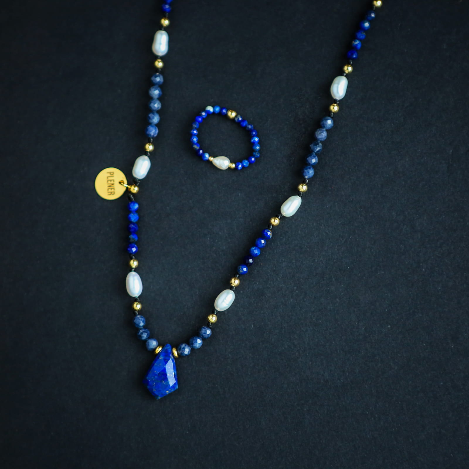 Zestaw Naszyjnik + Pierścionek Lapis Lazuli i Perły — zdjęcie 2