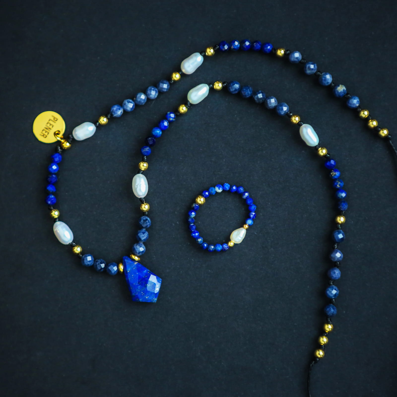 Zestaw Naszyjnik + Pierścionek Lapis Lazuli i Perły
